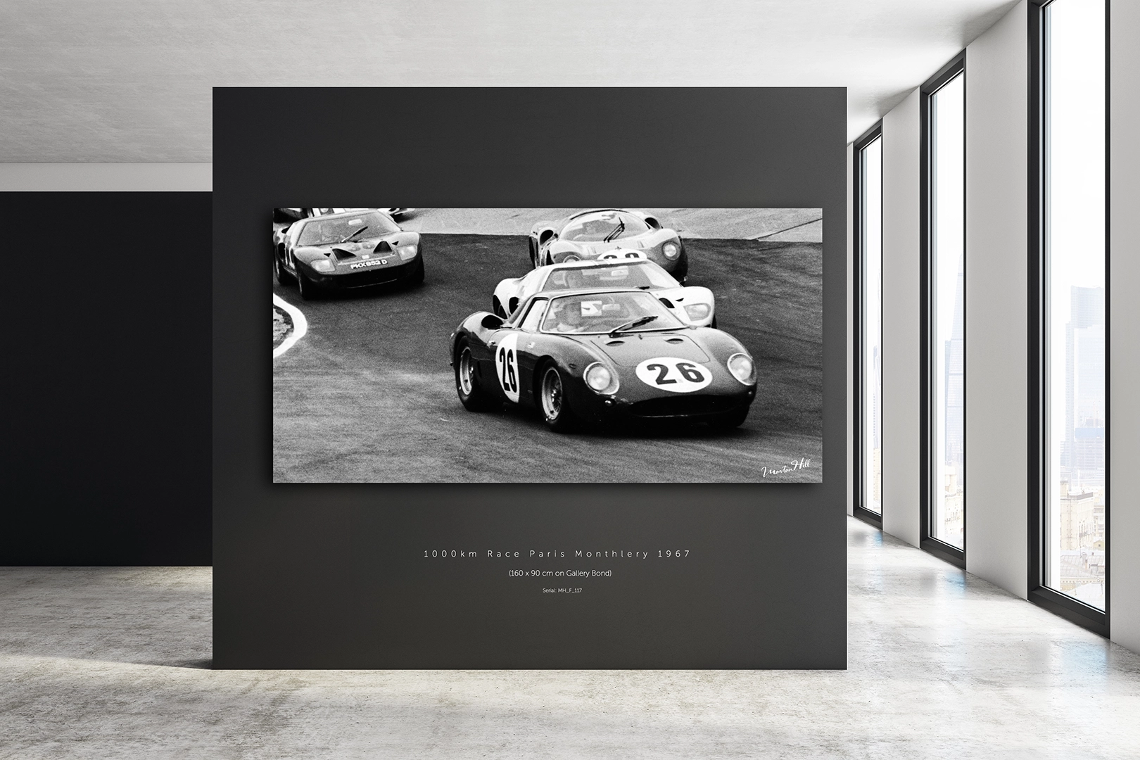 Gerahmter Abzug: Ferrari 250 LM Nr. 26 vor Ford GT40, 1000-km-Rennen Paris Montlhéry 1967