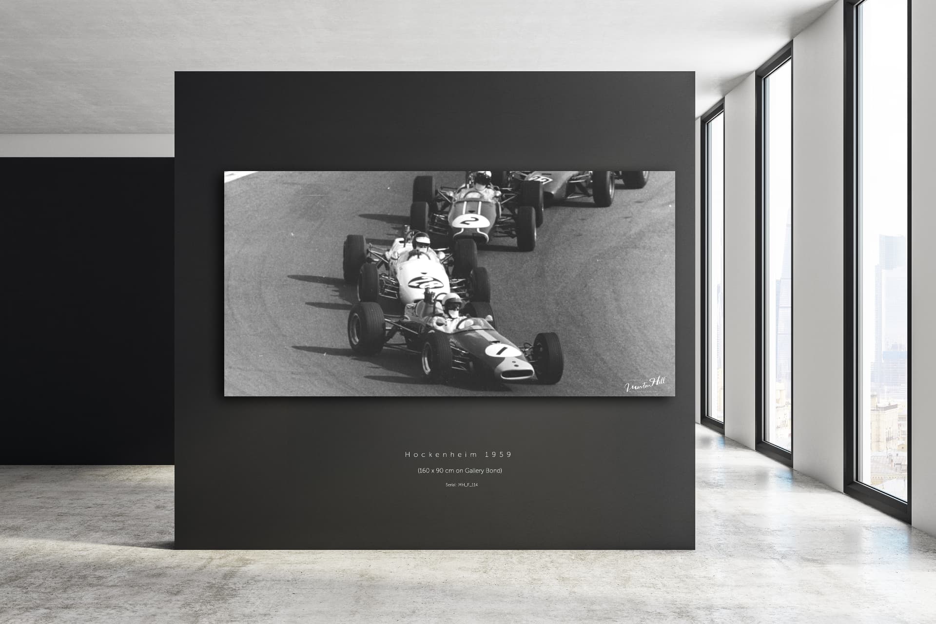 Gerahmter Acrylabzug: Formel-Rennwagen im Zweikampf, Hockenheim 1959