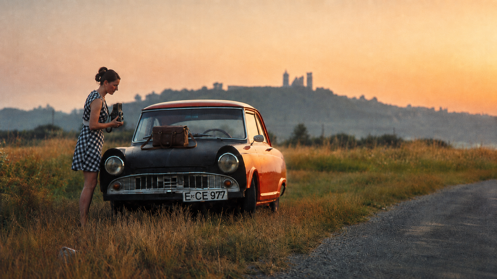 Ingrid A. mit Kamera an einem historischen Rennwagen in der Abenddämmerung